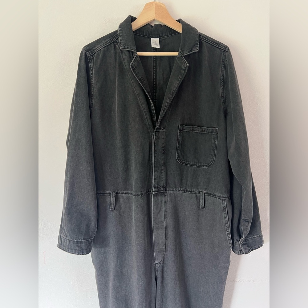 &Denim‎ Washed Black Grey Long Sleeve Button Front Relaxed Fit Denim Jumpsuit - Picture 2 of 11